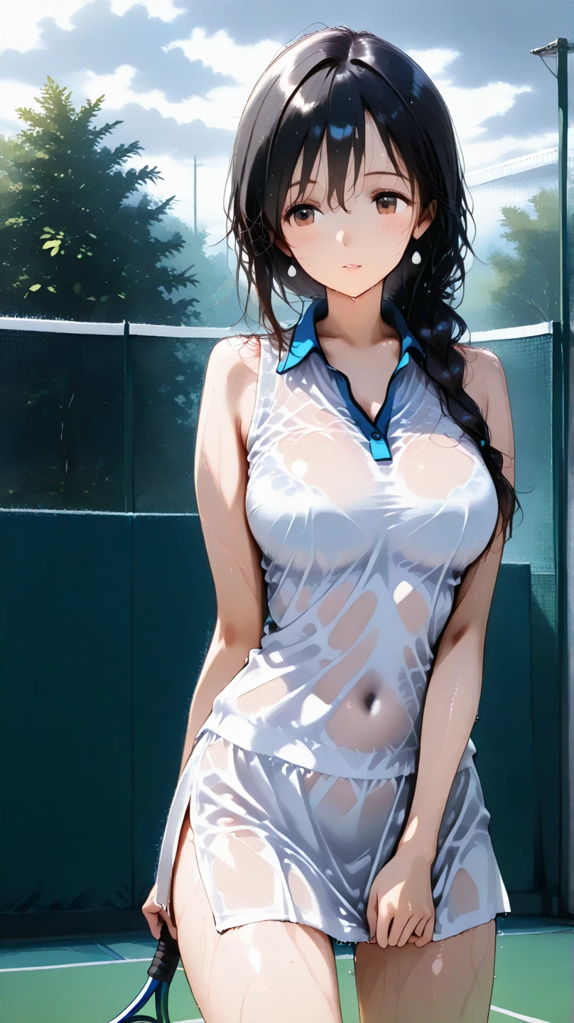8k, best quality, realistic picture, complex detail, super detail, ultra high resolution, depth field, (realistic, photorealistic:1.2), masterpiece, 0.25 :: close up, direct shot, by middel , 1 GIRL,ai_chan, A VERY BEAUTIFUL 17 YEAR OLD GIRL WITH BIG INNOCENT EYES, (Brown_SHORT_hair), (GREEN_ eyes:1.0), (bangs), messy hair, (hairpins), perfectly shiny skin, flawless skin, fair skin, huge breasts, narrow waist, light blush, solo, looking at the audience, faint smile, chubby, sweaty clothes, masterpiece, best quality, high quality 8k wallpaper, high detail, wearing a swimsuit, squatting in an M-leg pose, front view, revealing privacy