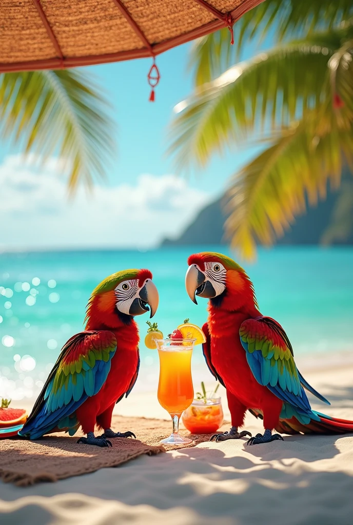 parrot with headphones at the beach having a cocktail enjoying his holidays