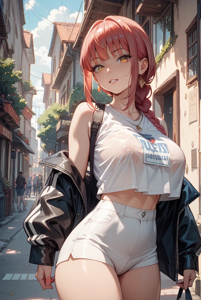 (suggestive:1.3),(corruption),1girl,(whute t-shirt), melting,dripping,red hair,blue eyes,blush,upper body,(ahegao:1.1),(naughty face),collarbone,trembling,sweat,sweatdrop,heart,skindentation, (crazy:1.3),(speed lines),sun, outdoors, star hairpins