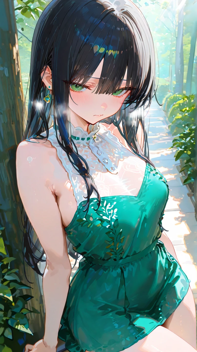 (Woman1,triangle face,red eyes,black hair,braided ponytail hairstyle),quite,cowboy shot,off shoulder mini dress,green background,hd,highly detailed