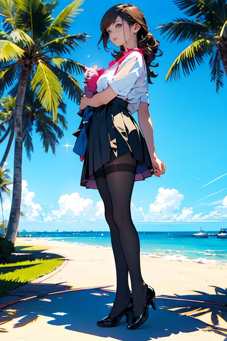 (masterpiece), town, blue sky, One Girl, Place the person on the right, smile, alone, Sailor suit、Long skirt, Overgrown, petal, plant、Skirt lining、Translucent slip、nostalgic、Black Pantyhose、I can see the ocean in the distance, Crotch close-up