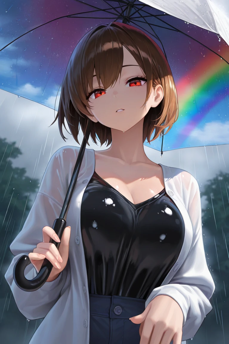 anime girl 26 years old white swimsuit navy blue denim pants urban landscape red hair brown eyes with cat on the shoulder and umbrella