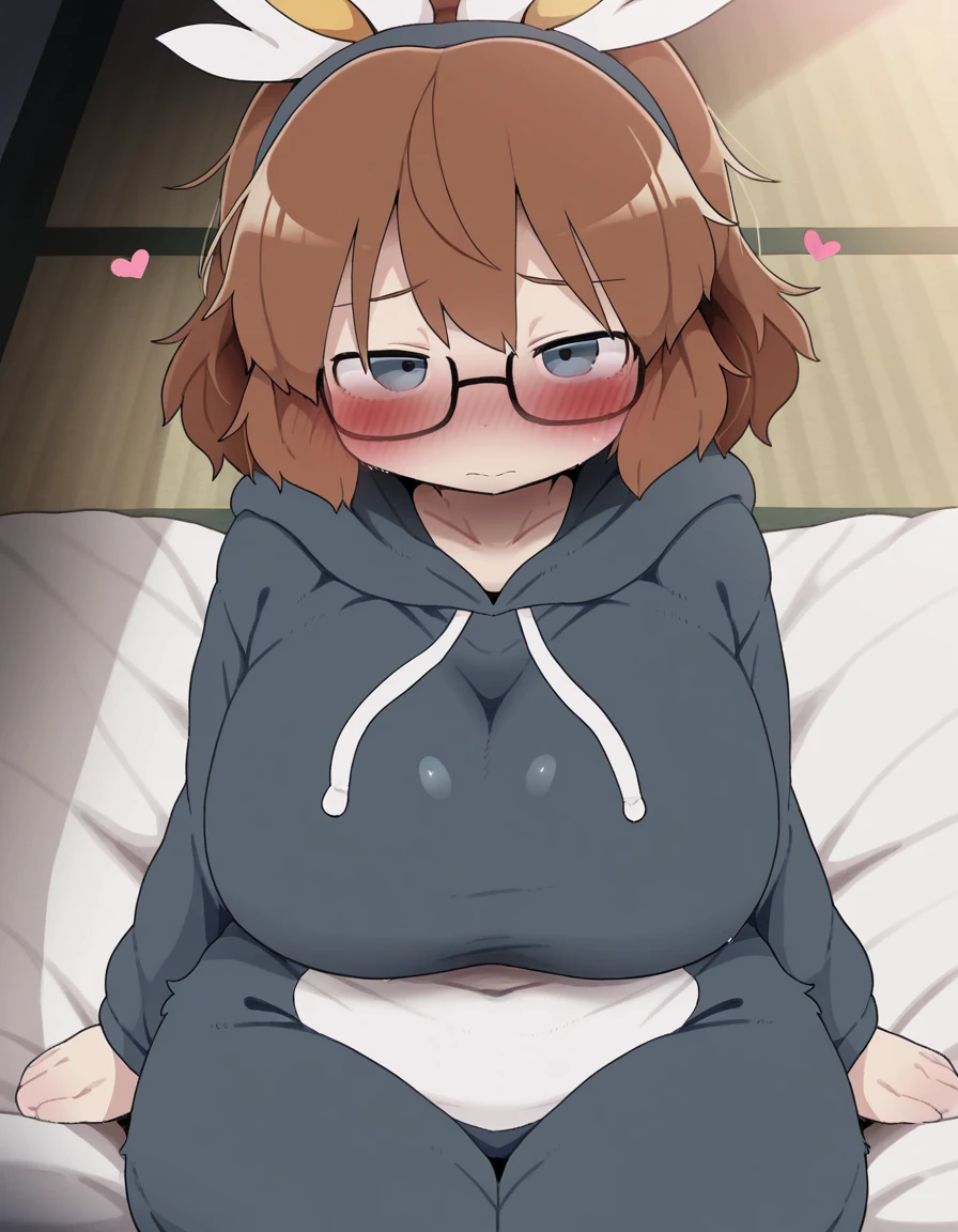 (mature woman, curvy body, big breast), (round hairstyle, bob hairstyle, brunette hair), oversized hazel sweater, (cute face, shy face, sheepish expression), round glasses, (embarrassed pose),  short pants, above view, (bedroom, sitting on the bed), closed legs, thick thighs, nervous