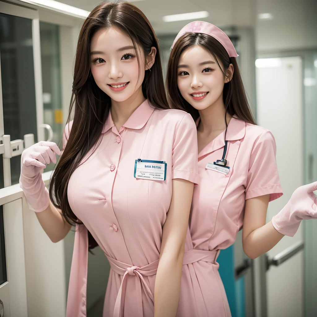 (3People Girl)、(Beautiful Japanese、Refreshing、clear、seems kind、stylish、(narrow eyes)、Pitiful、cute like an angel、cute、black eyes、,actress,Slit eyes), Good style , (Beautiful big breasts:1.0),(soft breasts),(very cute),(brown hair),,(enchanting eyes),(highlight on eyes:1.2)、(8K、Live shooting、highest quality、masterpiece:1.2、optimal lighting)、((masterpiece)),(Photo taken by a professional photographer),(real、photo real:1.4),break,{ (pink nurse costume),(((taraditional nurse uniform))),(pink nurse mini skirt),(( pantyhose)),(cleavage:0.7)},(Smile),(cheeks are red:1.2), break, break,Hospital,Face shot、Examination room