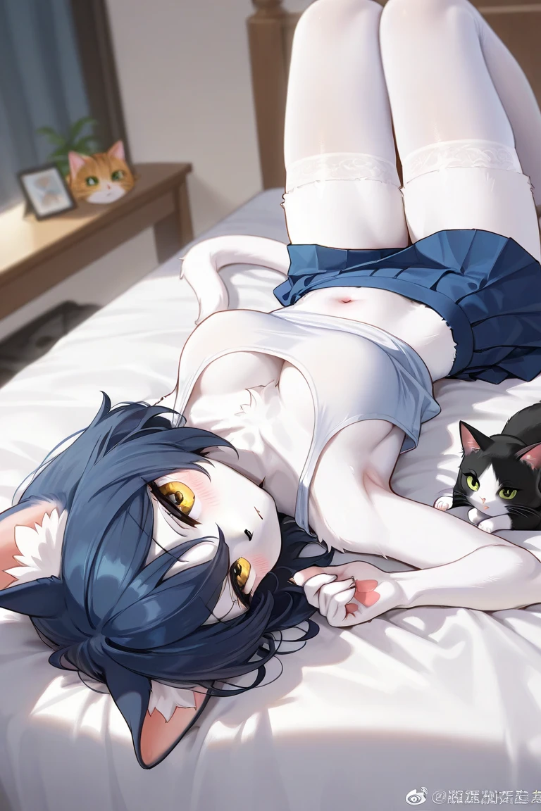 Solo, score_9,score_8_up,score_7_up, a young nerdy Anthro furry wolf woman, white furry body, tall, long black messy hair, white wolf tail, hair covering one eye, long bangs, long black hair, blue eyes, black glasses, small breasts, white wolf tail, topless, wearing only black thong, thigh high socks with exposed toes, 4 toes exposed, bored expression, eyes half open, lying on a bed, lying on her stomach, feet up, holding a gameboy, looking at gameboy,