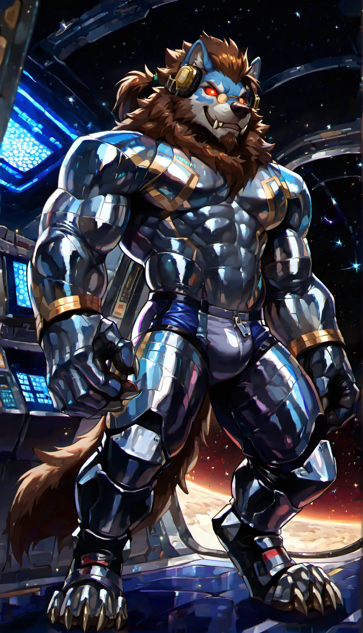 Cornelius turned into a wirewolf!!!   score_9, score_8_up, score_7_up, solo 1boy, (masterpiece,Best Quality,perfect anatomy:1.25),detailed background,anything,nj5furry,kemono, Holy light,unlimited light,Magnificent,8k,photographed with Hasselblad X1D-50, maximum focus,depth of field,perfect lighting,light particles,sharp focus,light particles, BREAK full length portrait,Alone,Focus only,male,male focus, Cornelius is a medium anthro muscular brown and tawny lion man with a ponytail, feline, male, furry, has no mane, mane-less, subtract the mane, eyesgod, perfect brown eyes, confident smile, perfect hands, 5 fingers, no defects, smile, lion ears, lion tail, no markings, no watermark, art style by null-ghost, wearing tiny round gold glasses and pocket watch, has brown hair, clean shaven goatee,,muscular,humanoid hands,,muscular,humanoid hands, fully dressed,Footwear,mono,zipper,headgear,headphones, looking at the viewer,seat,screens,spacecraft,space,star,Control panel, Expressiveh, (Wirewolf, 1boy, male wolf, wolf ears, metallic body, silver body, blue body, two tone body, tail, claws, flesh fangs, red eyes, glowing eyes, no pupils), angry, space, stars, standing, standing on moon, detailed background, 4k, masterpiece, best quality, highly detailed, realistic