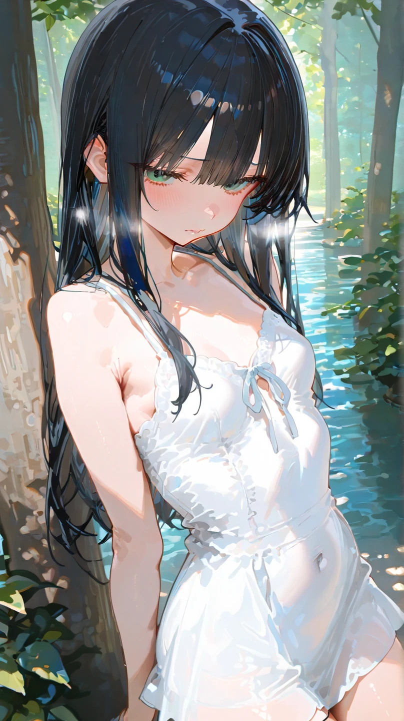 masterpiece、highest quality、High resolution、Very detailed、Medium wide shot、Girl、Looking Back、See-through clothing、smile、after the rain、blue sky、Wet Hair、Water Drop、Watching the audience、summer、rainbow、