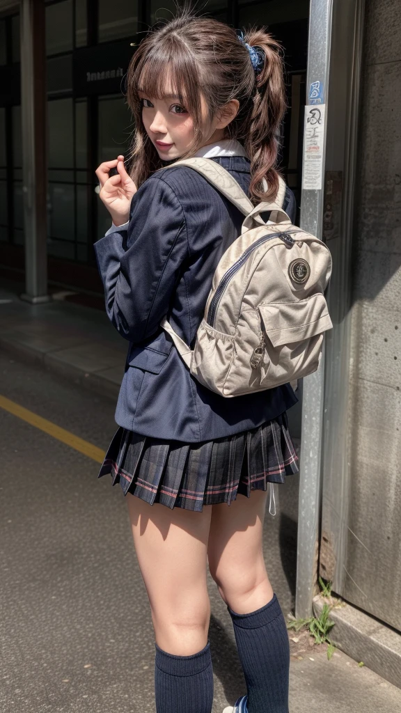 18 year old female high school girl standing on the stairs of school,white shirt,blue and red plaid miniskirt:1.5,best smile,white panties:1.5,blonde with short cut:1.5,Side waves with a short cut,Carrying a black rucksack,butt exposed:1.5,