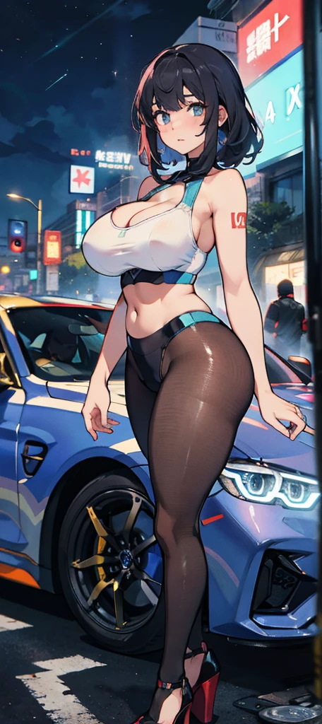 1 girl, gray hair, hair in two pigtails, (big lips), black eyes, glasses, huge breasts, smile, blush, blush on the nose, horrible thighs, high thighs, lively, superiority, horrible thighs, wide hips, narrow waist, hourglass figure, Tonto, full body, sexy pose, dynamic pose, on a car, on the street, nude, full nude, naked,black gloves
