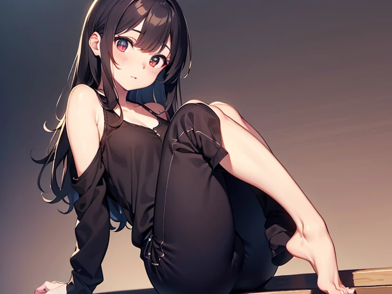 (((Cute off-the-shoulder sweater))) 、(((a girl solo)))、 Long black hair with slightly wavy hair、Black eyes、Superlative quality、((Top-notch image quality))、Neat and clean girls、beautiful a girl、Erotic look、Dainty girl、(((Poses)))、lightsmile、(((fullllbody)))、Black Choker、Looking at Viewer、Bare legged
