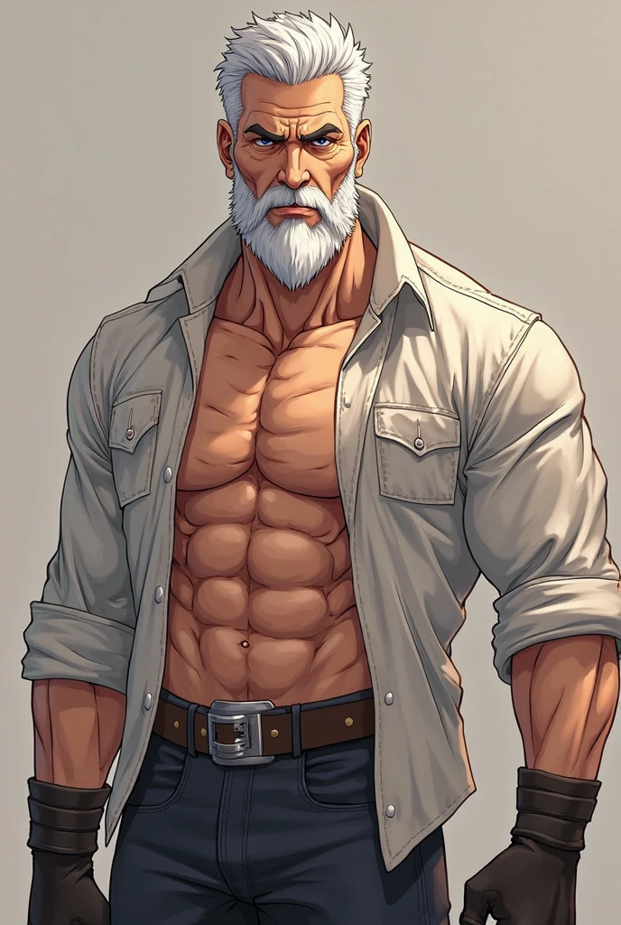 solo, 1boy, Huge Muscular Old man topless, bulky, white hair, crew cut hair, deep blue eyes, short pants and shirtless, mustache, simple background, masterpiece, high detailed, 8k, high resolution