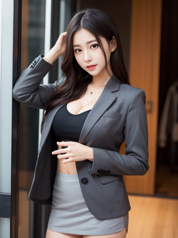 best quality, masterpiece, 1girl, Beautiful face, (photo realistic:1.3), rim lighting, (high detailed skin:1.2), 8k uhd, dslr, high quality, high resolution, 4k, 8k, Bokeh,  absurdres, best ratio four finger and one thumb, (realistic:1.3), cute 1girl, wearing black formal blazer, medium breasts, short skirt,