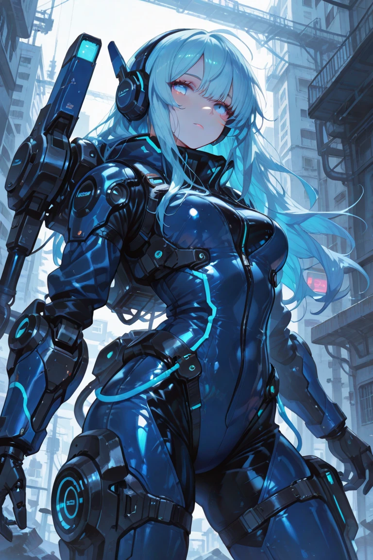 masterpiece、near future、super elaborate、top-quality、ultra-detailliert、very detailed illustration、ighly detailed、intricate-detail、hight resolution、super complex details、Highly detailed 8k CG wallpapers、Caustics、Reflectors、Ray traching、1girl in:1.4)、独奏、Alone、(Blue_theme:1.3)、(greys_theme:1.3)、(mecha musume、machine components、Robot Joint、echanical arms、mechanical legs、head gear、Complex mechanical bodysuit、Mechanical Energy Wing、mechanical wings、Electronic mechanical components、Cyber Parts、robotics、Energy Rifles(sniper rifles、Mechanical sniper rifle)、)、(robe)、Very long hair、A dark-haired、 blue eyess、radiant eyes、Eye trajectory、random facial expression、TOKYOcty(Shibuya)、城市、Night time、Sateen、((Neon light、Blue Neon Light))、(细致背景、城市、Building Street、Green grass)、((masterpiece))、absurderes、nffsw、(Classic Headshot Pose)、cyberpunkcity、masterpiece、hight resolution、A detailed、