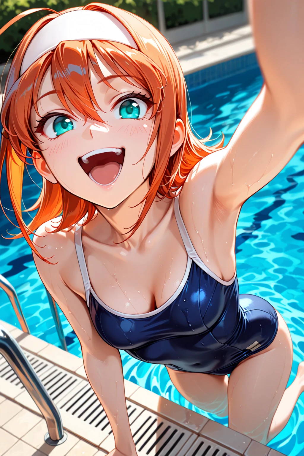 realistically、17-year-old girl、red hair, big breasts, cleavage, wearing off-white competition swimsuit、Smile、background boolean swimming、sexy pose
