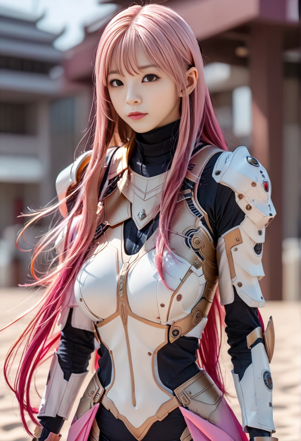 Cloudy in the sky background, flying in futuristic armor, 25 year old beautiful woman, Very long hair, red hair, Hyper realistic, 8K, Bokeh, beautiful smiling face huge breasts, walking towards the viewer,dynamic pose