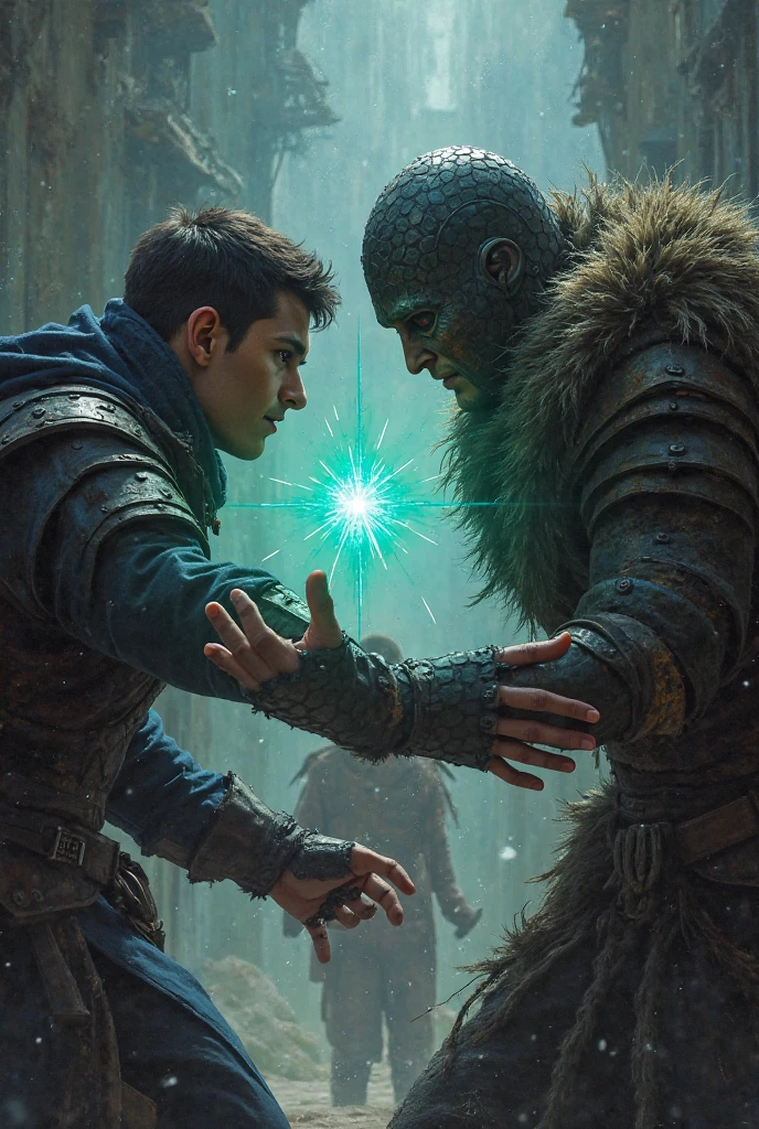 The encounter between Frankenstein and his monster creation: A tense moment where Frankenstein and his creation come face to face in a cold and remote landscape, like the Swiss Alps. Tension and desperation could be reflected in their postures and expressions.