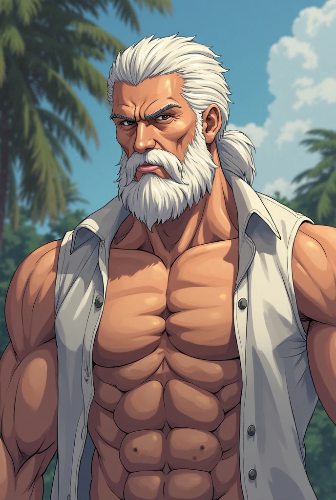 A burly, virile, and hairy dragon, exuding the irresistible charm of a himbo muscle daddy. His middle-aged features, adorned by a long, bushy beard and a thick mustache, reveal a life of experience and adventure. His body, sculpted into a warrior's build and a bodybuilder's physique, is a testament to his unyielding dedication to physical fitness. The hair on his chest and belly forms a carpet of thick fur, while his hairy arms and legs are adorned with a natural, untamed layer of hirsute. Every muscle on his overmuscular and musclebound frame is defined and bulging, veins pulsing beneath the surface, hinting at his incredible strength. Despite his advanced age, his grey hair only adds to his handsome and dreamy appearance.