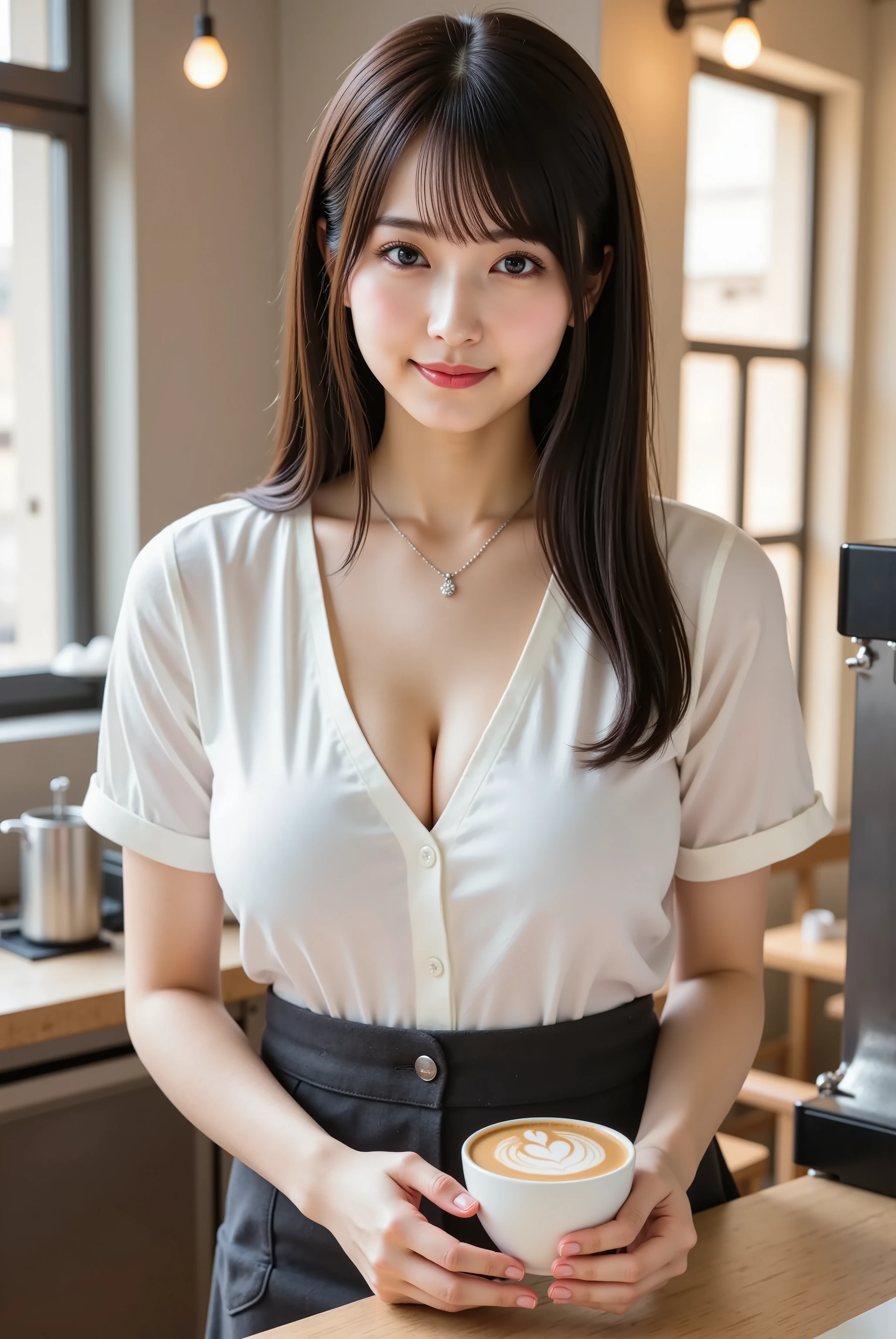 A 20-year-old Japanese woman, long layered dark brown hair in a loose low ponytail, gentle professional smile, meticulously crafting latte art in a chic, minimalist coffee shop (industrial-modern aesthetic). Wears crisp white V-neck barista blouse (rolled sleeves, hint of silver necklace) revealing ample, round, firm bust with discernible cleavage, plus black A-line mini skirt and dark grey linen apron. Simple leather-strap watch. Medium: Digital photography. Style: Photorealistic, clean, sophisticated, warm editorial feel. Composition: Close-up (slightly high angle), focusing on hands, latte art, serene expression; sleek coffee machine/minimalist cafe interior soft blur; 3:2 portrait. Lens: 85mm f/1.8, flattering compression, beautiful soft bokeh, sharp coffee/hands focus. Lighting: Soft diffused natural light from large window, warm overhead spotlights on counter; gentle light/shadow play, highlights coffee steam. Color Palette: Neutral/earthy tones (whites, greys, blacks, wood), rich brown coffee focal point; calm, stylish. Level of Detail: Hyperrealistic intricate microfoam, coffee machine sheen, apron weave, hair highlights. Mood: Professional, calm, artistic, focused. best quality.

