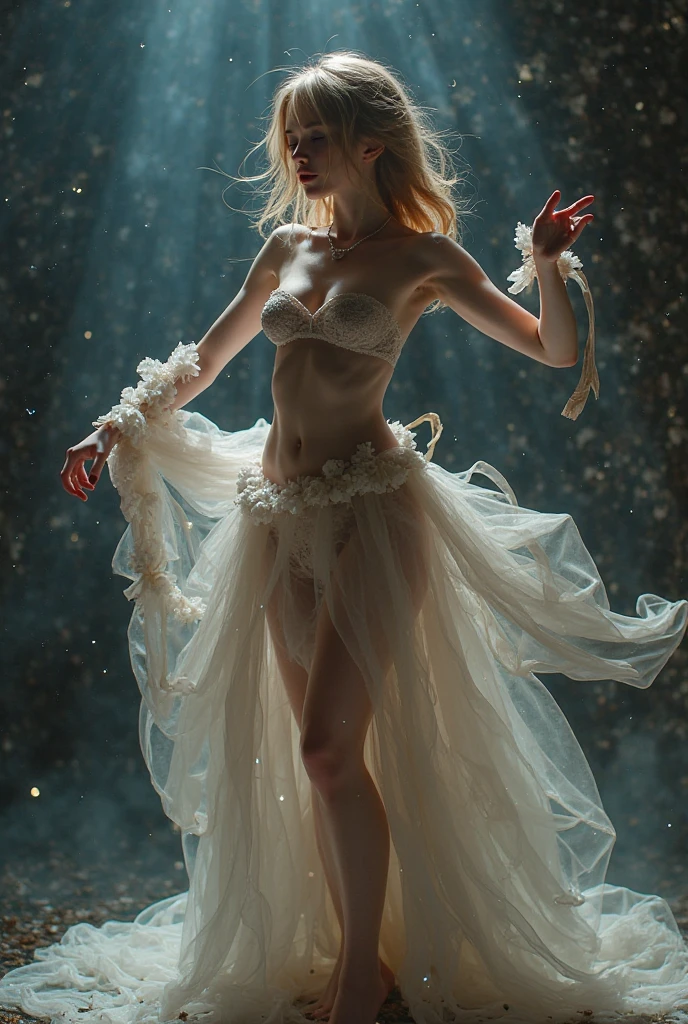 Beautiful woman in vey long translucent satin dress,dreamy background, kneel ,tied up