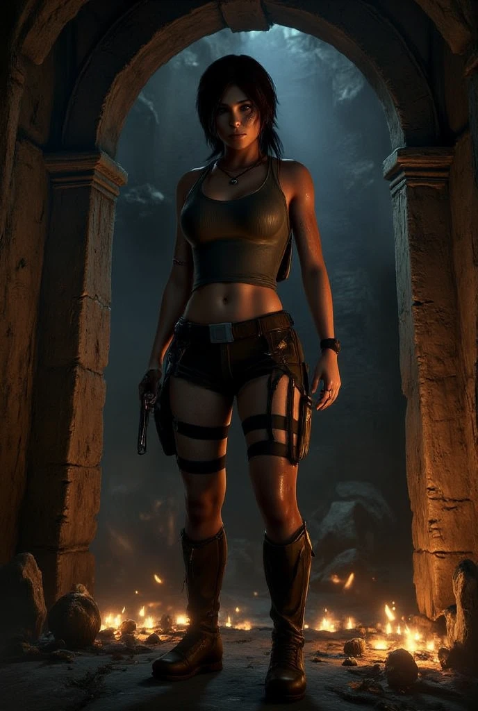 black hair, big cleavage and Sweaty body lara croft