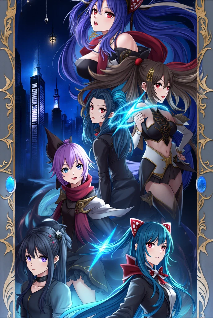 3 characters, 2 men, 1womanl. under a night sky full of stars. At the center, the female character with long red hair and blue eyes, wearing a white blouse with a black corset and brown belts. This character holds a glowing blue sphere above his head with both hands.. On the left a character with dark hair and glasses, wearing a blue coat and wielding a sword that emits dark energy. On the right another character with spiky green hair is casting a spell with glowing green magical energy around his hand. All characters are positioned in front of an ethereal cosmic backdrop that includes a large luminous moon and spiral galaxies. Extremely detaild, 8k, HDR, naturallight, cinematic lighting, masterpiece-anatomy-perfect, ultra HD, RAW photo, metallic, professional, ultra-fine painting, perfect body proportions, anatomically correct, uhd, real texture material, Anti-Aliasing, FKAA, TXAA, SSAO, Post Processing, Post Production, Tone Mapping, CGI, VFX, SFX, hyper maximalist, Volumetric, ultra photorealultra-detailed intricate details.