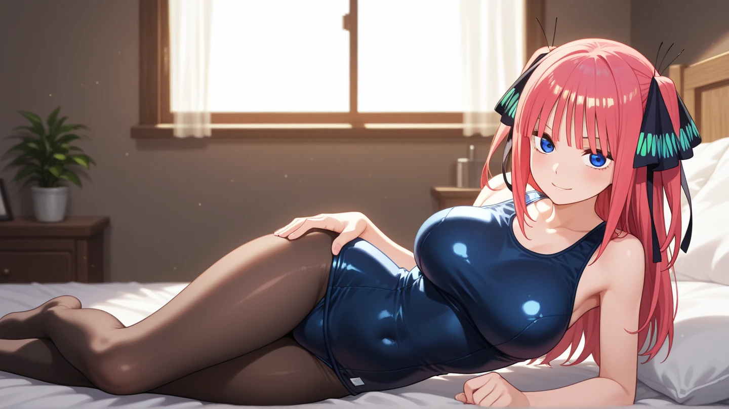 best quality, masterpiece, high quality, insanely detailed, ichika nakano, one-piece swimsuit, breasts, pantyhose, blush,
