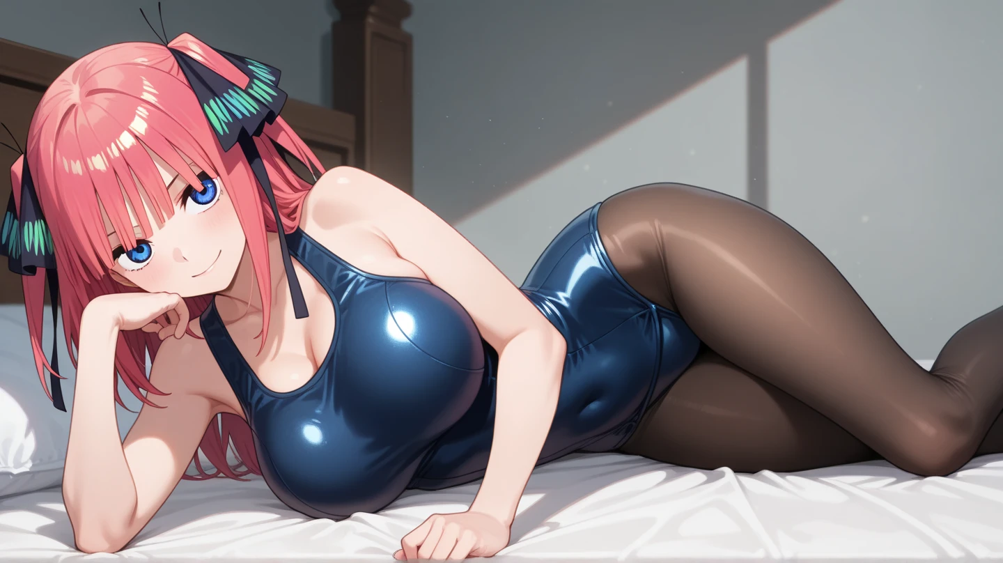 best quality, ultra-detailed masterpiece, anime art style, cute character, nino nakano, large breasts, blush, smile, one-piece swimsuit, pantyhose,1girl