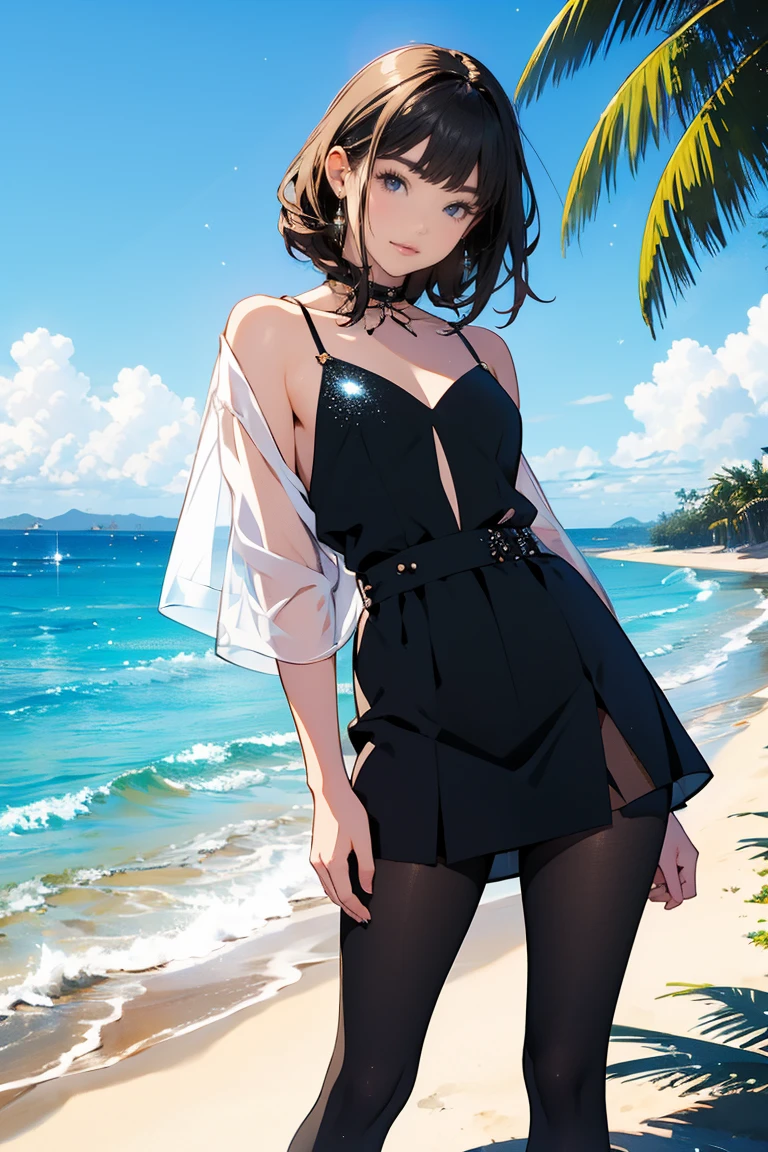 A black silk lady walking on the beach