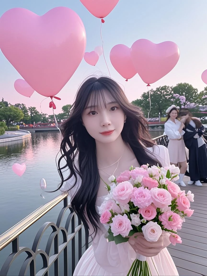 There was a woman in the city holding a bouquet of flowers, xision wu, xintong chen, dilraba dilmurat, 8K)), wenfei ye, chengyou liu, tzuyu from twice, belle delphine, yanjun cheng, Profile image, roseanne park of blackpink, Chinese girl, With flowers, Zhang Wanting