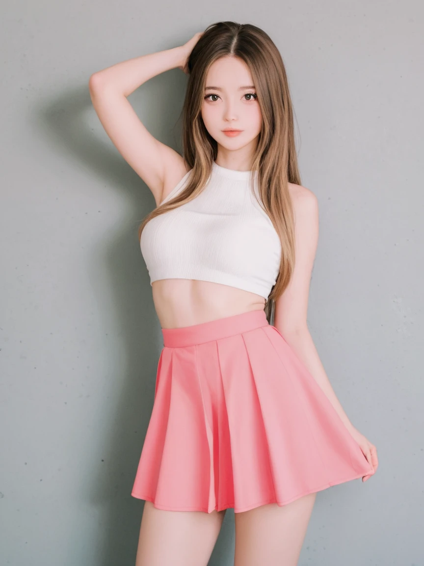 Very beautiful asian girl, jumping with 2 feet, pink skirt, smile with pleasure, wear crop top, open shoulder, slender body, black hair, shiny sharp eyes, hands up in the air, masterpiece, in the museum full of marble sculpture, shiny red lip, detailed eyes, detailed skin, look at the viewer, middle lenght portrait photo, shining natural light, detailed lip