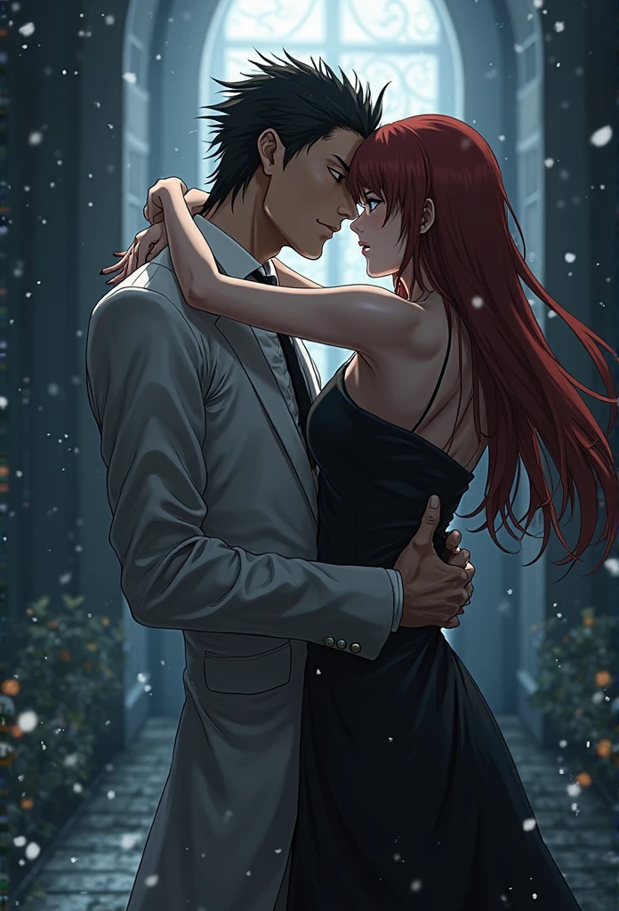 a nice couple. the woman has long red hair, pink eyes, wearing. Beside her, a handsome man with medium, dark hair, unshaven, purple eyes. they kiss, without clothes, in a lake.