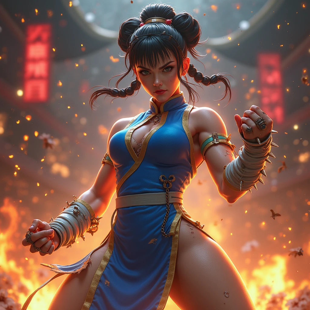 A movie poster depicting a female fighter (Chun-Li) wearing blue dress, brown pantyhose, pelvic curtain china dress, white cross-laced boots, bracelet, gold trim, jewelry, puffy sleeves, sash, short sleeves, side slit, spiked bracelet, spikes, double bun, hair accessories, cleavage, voluptuous curvy thick body, pale skin. backround, in a folkloric chinese street, style by Urushihara Satoshi, view from below, (with the words "Street Fighter" written letters in fire) on the right side,