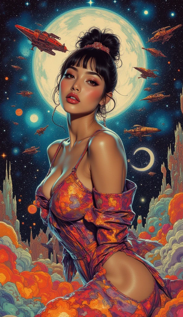 beautiful sensual nude and erotic woman with massive breasts. The breasts are not covered by anything. Red full lips. full body view. portrait of 1girl solo, Voluminous Curly Updo with Hair Vine, Bra, headshot, face focus, Crouching in a field of wildflowers, hands outstretched, looking like a part of nature. Cosmic Galaxy with Nebulae and Planets, masterpiece, immaculate, highly detailed, detailed,