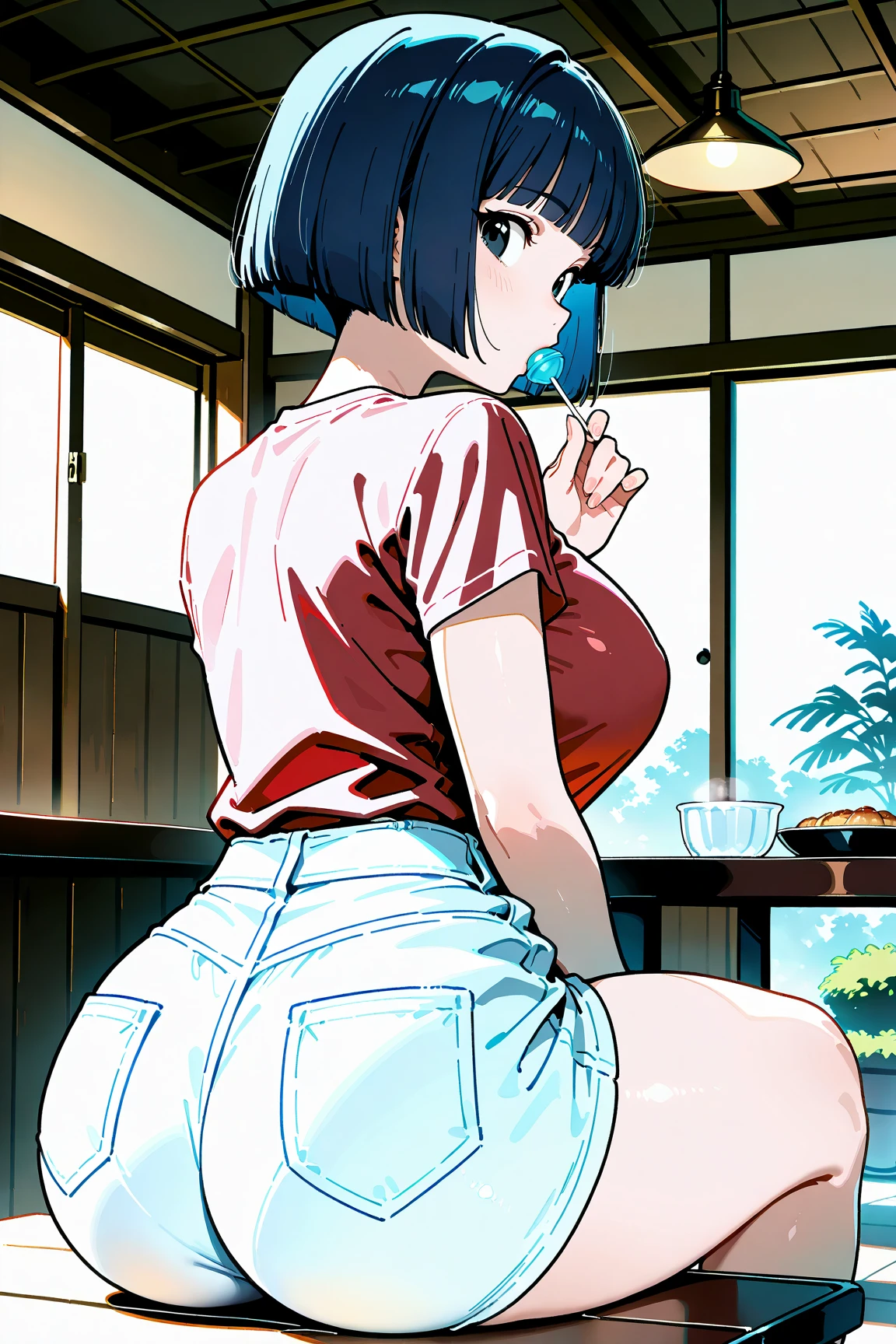Seated, back to back, peach buttocks, buttocks, buttocks, naked, gym, dress, less on top, panties gone, pull undressed, hip pose, lift skirt, big breasts D,