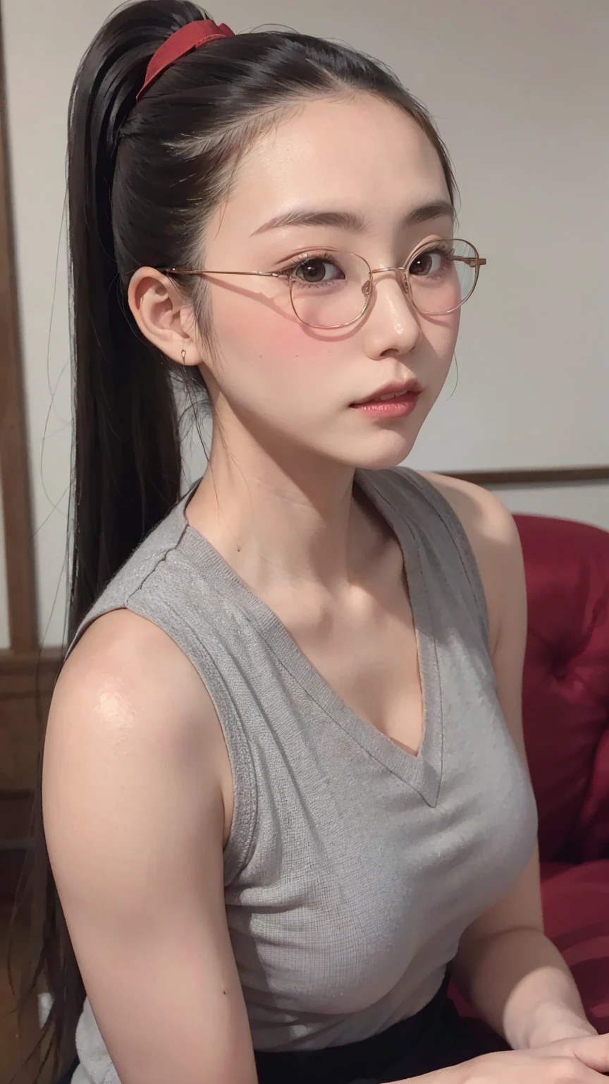 Highest quality, RAW Photos, Realistic, face, Incredibly beautiful girl, cute, length Hair,ponytail,Glasses,Written boundary depth, High resolution, 超detailed, detailed, Very detaileded, extremely detaileded eye and face, Sharp pupils, Realistic students, Sharp focus, Cinema Lighting, Japanese, Short Woman, Physical build, Short arms, length, Narrow eyes, Fleeting atmosphere, 10 years old, Brown Bob Hair, ((thin唇)), White top and bottom underwear, masterpiece, Highest quality, detailedな肌, detailedなface, fine grain, 8K, Excellent anatomy, Upper body portrait,flat breasts, small breasts, small,( small bust: 1.2), small bust, (slim, small, flat, small), thin, Delicate and sexy collarbone, One Girl, (beautiful girl, Delicate girl:1.3), (10 years old:1.3),