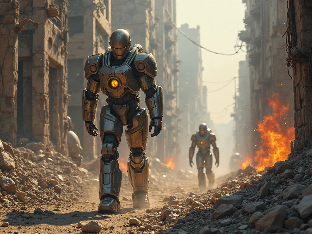 postapocalypse, War Photography, Ground level shot, rear angle, (cyborg skeleton walks down street of destroyed Cyberpunk city), (looking for enemy soldiers), holding high-tech rifle, far shot, (highly detailed, intricate), deep depth of field, cinematic lighting, ((RAW color)), award-winning photography, (ruins of skyscrapers), (burning cars), bodies liter the streets, grim, photographed on a Canon 5D, deep focus, 4k resolution, cinematic film still