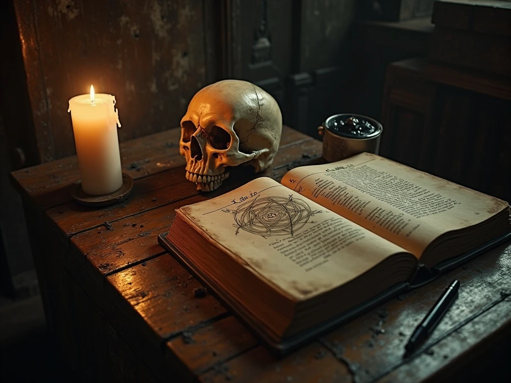 Moody still-life photography, reminiscent of 17th-century vanitas paintings, featuring a worn, leather-bound livro (book) lying open on a rustic, cracked mesa (table), accompanied by a vintage relogio (clock), a castiçal (candlestick) with a faintly flickering flame, and a caveira (skull) peeking out from between the book's yellowed pages, set against a dark, muted background with sparse, warm lighting, evoking an atmosphere of mystery, somberness, and introspection, with a predominantly earthy color palette of muted browns, deep reds, and smoky blues.