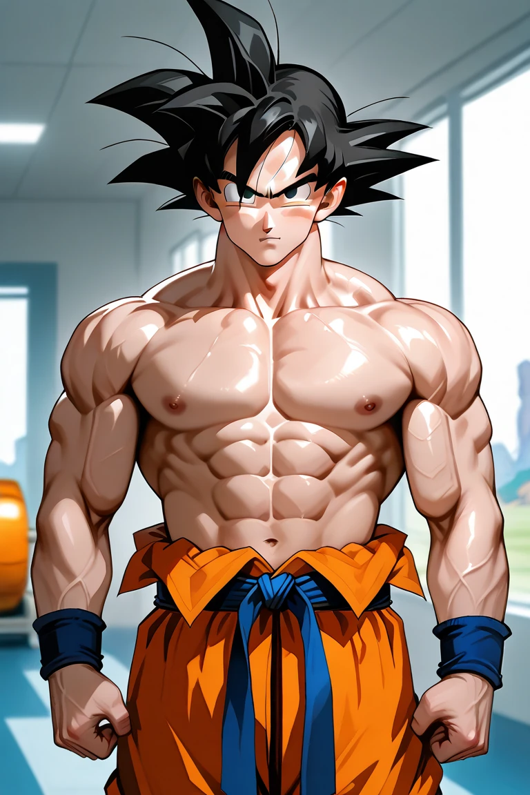 A highly detailed, full-frontal portrait of Goku, in his birthday suit, showcasing the perfect anatomy of the iconic energy man from the anime "Dragon Ball". The image, presented in 4K resolution as an anime wallpaper, captures the super saiyan Goku's muscular physique and symbolizes the epic "Ultra Instinct" power. The portrait is set against a minimalist background, allowing the focus to remain on Goku's toned muscles and the human side of the popular character. The image exudes an air of masculinity and power, while still maintaining the charm and likeness of the original anime character.