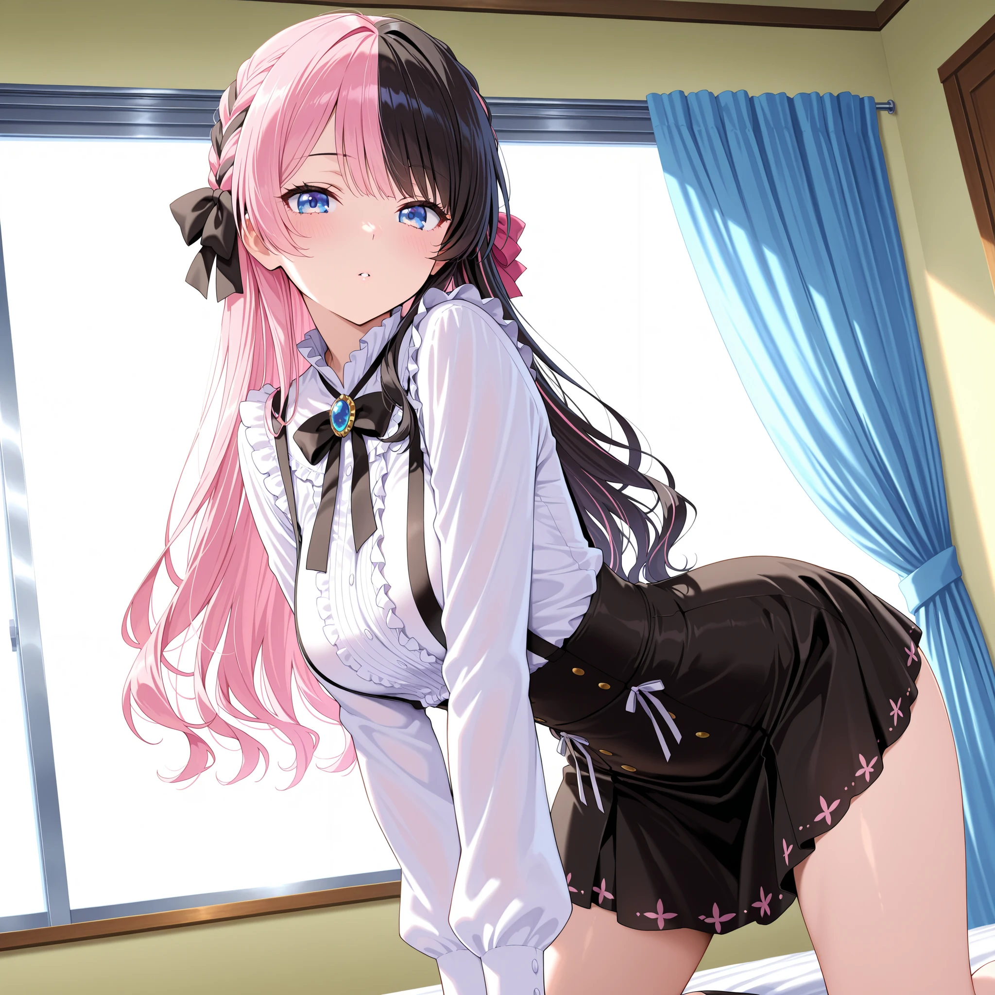 solo,masterpiece,best quality, amazing quality, highres, absurdres, very aesthetic, high resolution, ultra detailed, perfect details,Hinan0Def, blue eyes, (multicolored hair), pink hair, black hair, long hair, french braid, hair bow, black bowtie, brooch, frilled shirt, white shirt, long sleeves, black skirt, suspender skirt,mature female,(masterpiece, detailed:1.2),anime screencap,medium breasts,look at viewer,all fours
