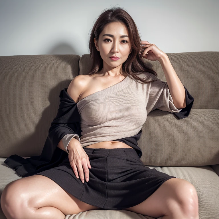 High resolution, attention to detail, masterpiece, rough skin, anatomically correct real human, realistic human, realistic: 1.37), 50-year-old beautiful European mature woman, alone, rough skin, face Wrinkles, sharp, her hairstyle is elegant semi-long permanent hair, she is squatting in a very bright room facing straight ahead with her crotches spread wide, her expression is a very angry face with a frown He is staring at me in front of me. 1. He is wearing a small business suit in navy blue that shows off his body line. 2. Underneath that, he is wearing a thin gray V-neck T-shirt that hugs his body. Wearing a shirt with nipples showing through, 3 (wearing a long elastic tight skirt that reaches to the knees), 4 (wearing dark brown thin stockings, 5 wearing a dark blue garter belt), 6 wearing heels ,7(((A woman with legs spread 60 degrees apart, both arms are on the knees in a squatting position))),8 Her panties are visible under her skirt. ,9 The front part of the panties is made of thin dark brown stocking fabric, and the front part is a T-back with an extremely thin T-front cut.10 The pubic hair and genitals inside the panties are made of thin fabric can be seen through.11((Inside the skirt) It looks good because of the lighting)),12(cameltoe(0.2),13(((Camera angle is from directly below her, her whole body is shot from directly below))),