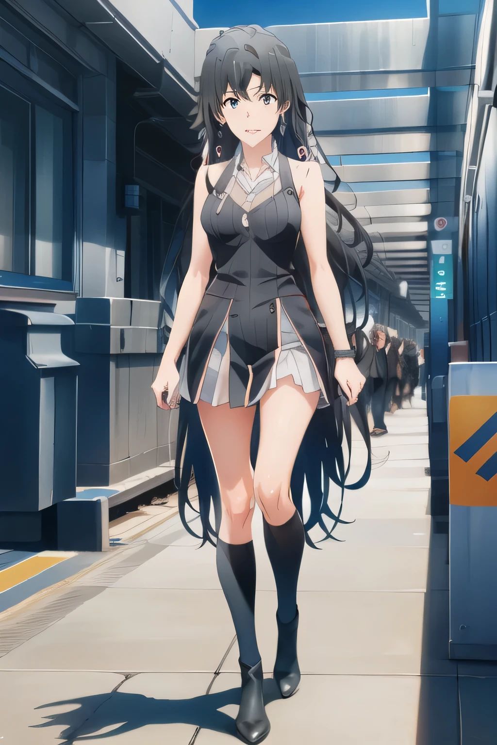 nice smileの20歳の成人女性，with long black hair at Kasai Rinkai Park，Big breastsでもウエストが細い，nice smile，Can you draw a woman looking at a train，draw a woman waiting in front of the car in front of you，東京の地下鉄ホームでWaiting for a train女性は描けますか， ,congestion,Waiting for a train，Fun，Underground railway stations ，The sign hanging on the wall，{{X}},Please explain her expression in more detail，Walking Alone，           city tour           ,，（（（I'm wearing casual tourist-style clothes）））， I have a SLR camera  ,（Let's draw a more delicate look），（sleeveless wool sweater），（ Pleated Legs，white panties visible from the bottom），（That job is enough for 1 person {X} is very important for work）、 That's enough，frowning。unless the job requires it。 {X}、 ,    An attractive 40-year-old woman takes off、jump off,                           big black wavy hair, ,   Big breasts, thin waist ， ,   ，Faces are very important，