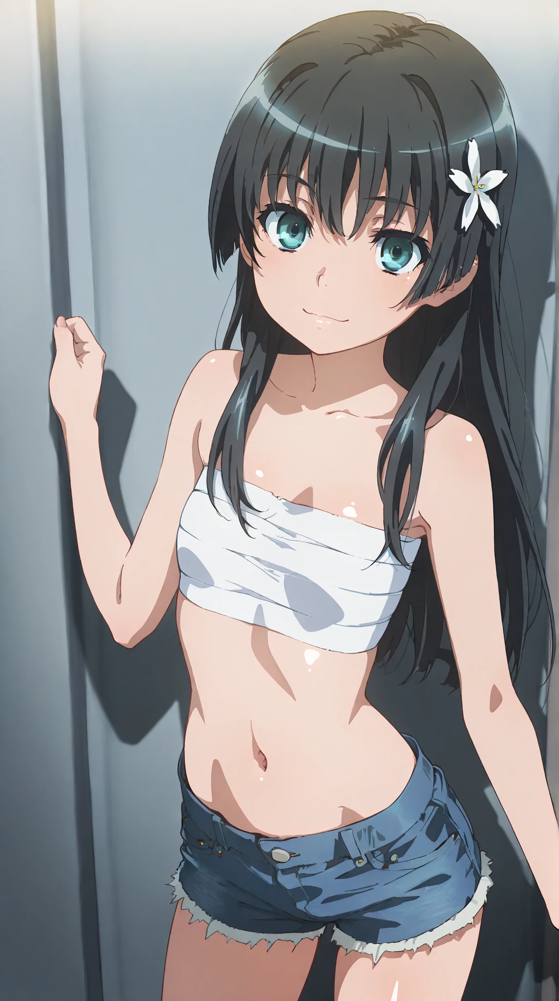 best quality, amazing quality, very aesthetic, absurdres, (1girl, aris (blue archive), blue archive, blue eyes, black hair, small breasts), (realistic face:0.9),(string bikini:1.8), (grin, blush, thigh:1.3), (cowboy shot), (glowing eyes), (half closed eyes:0.9), (), (official art:1.3), (pool), expressive eyes, perfect face, 4k, extremely detailed anime illustration, extremely detailed eyes, perfect anatomy, light rays, extremely delicate body, smooth skin, (simple background:1.5), clear eyes, beautiful face, small breasts,(anime style:1.7), (Warm Light:1.5), (highres:2),