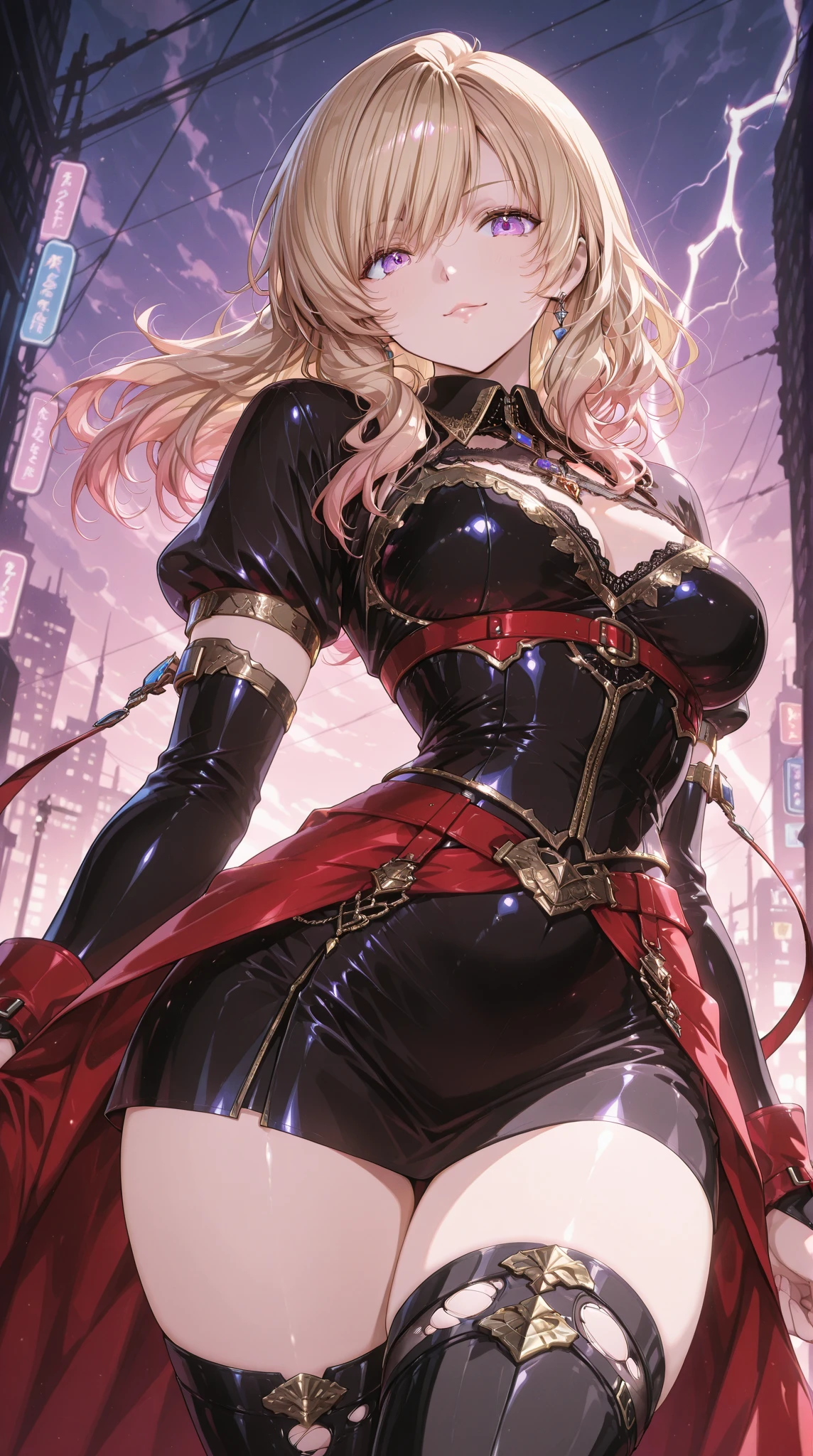 ANIME
1girl, long hair, Ebony skin, ebony-skinned female, magenta hair, hair over one eye, busty, gorgeous plump body, makeup, huge and round breasts, ponytail, yellow eyes, lips, thick thighs, Grey hair, yellow Elizabeth Mably's clothes, Elizabeth Mably's skirt, serious face, white high socks