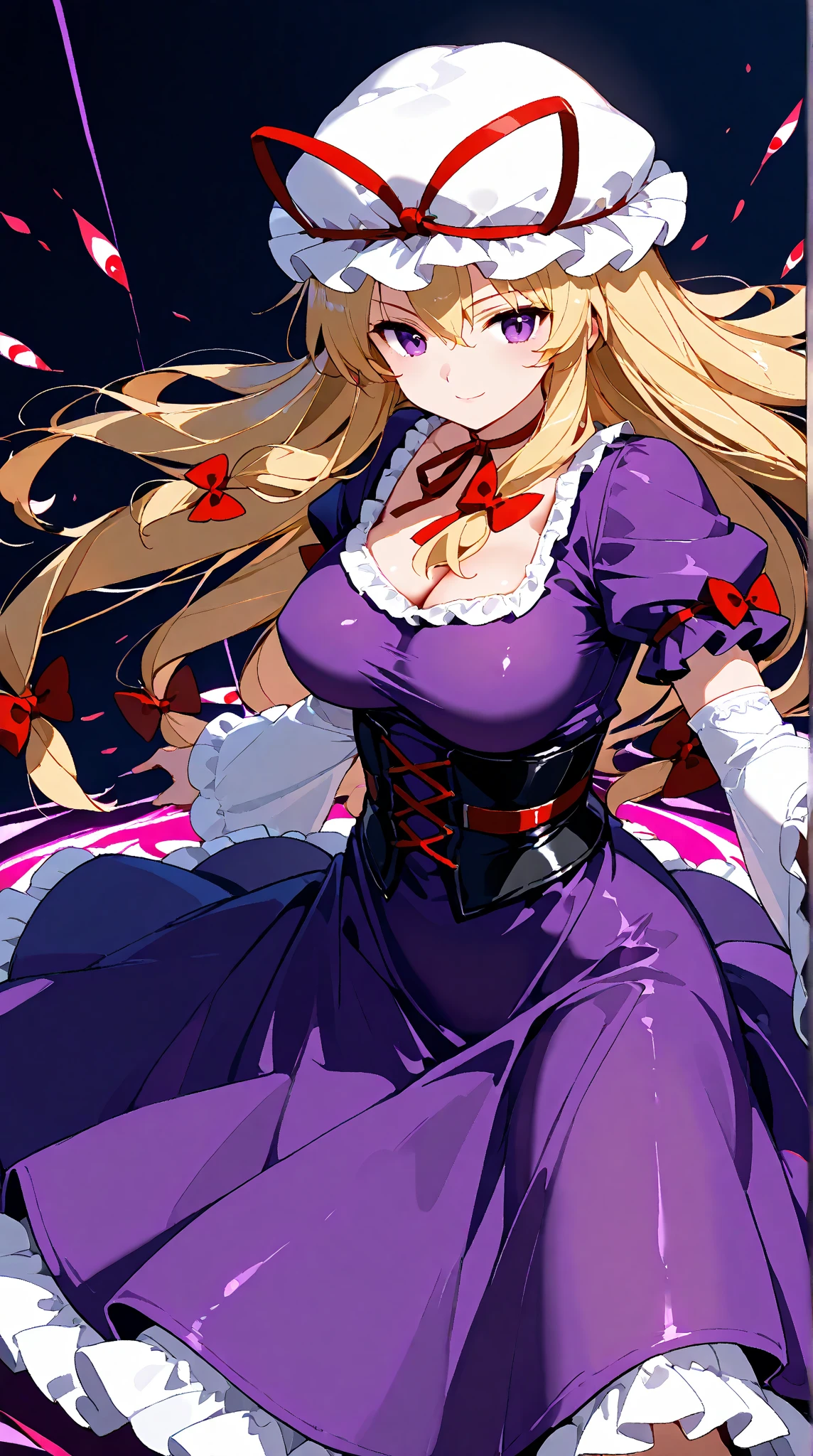 yukari yakumo, facing forward, without umbrella, visual novel pose, smiling, full body, looking at camera, large breasts, cleavage, elbow gloves,short sleeves, hat ribbon, bow, red ribbon,mob cap, puffy short sleeves,ribbon choker, frills, white background