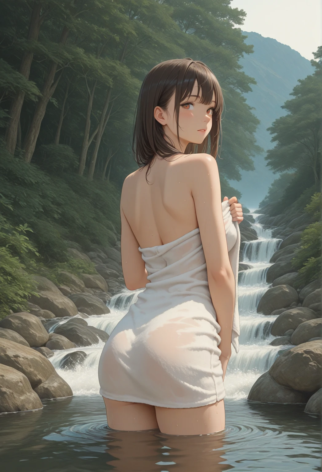 A beautiful woman from the back, long brown hair, elegant posture, wearing a flowing white dress, standing in a lush green forest, sunlight filtering through the trees, warm and peaceful atmosphere, intricate floral details, (best quality,4k,8k,highres,masterpiece:1.2),ultra-detailed,(realistic,photorealistic,photo-realistic:1.37),cinematic lighting,vibrant colors,detailed texture,intricate background,serene landscape