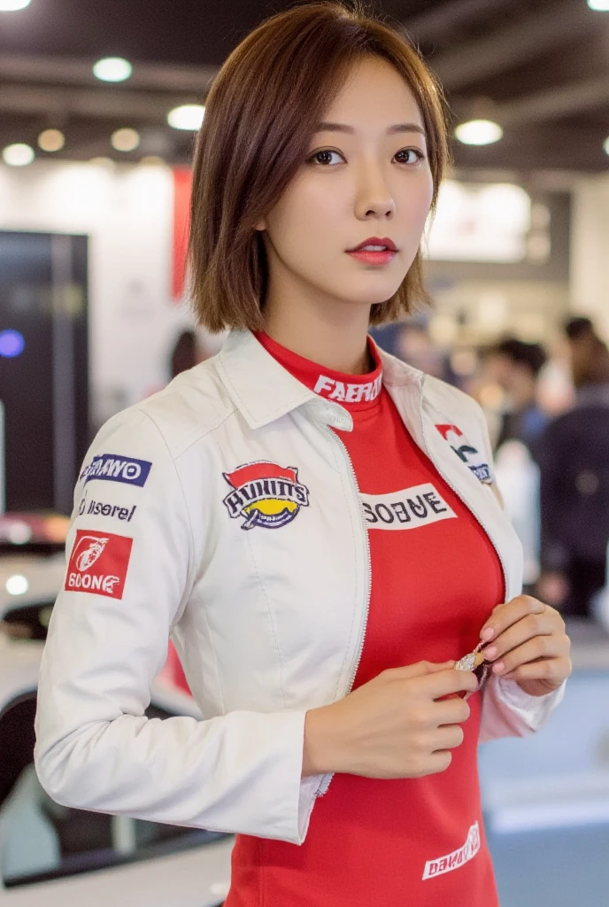 Best Quality, masterpaintings, best qualtiy, Photorealsitic, ultra-detailliert,dynamic light and shadow,hight resolution,天空、 1 female, Smiling、She has her shiny brown hair up.、Racer figure、Red Racing Suit、Sponsor logo at chest、A slender、 Stand in a motorsport race、 Blur the background。