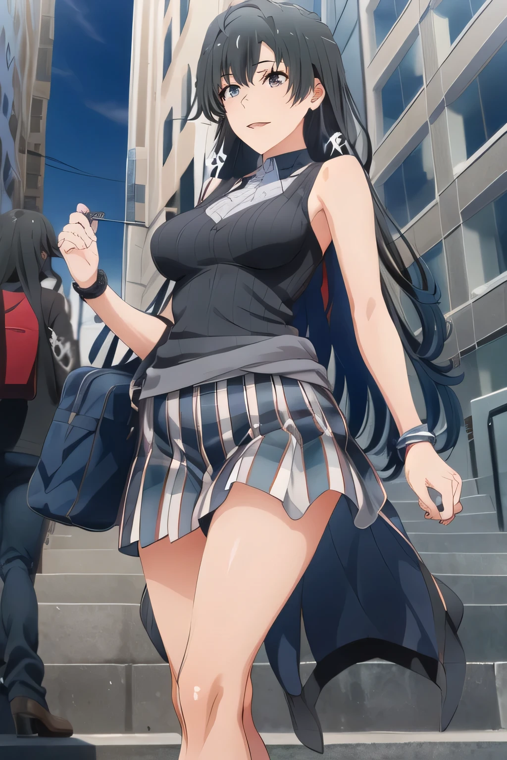 nice smileの20歳の成人女性,draw big breasts even more big breasts,Beautiful legs,,Big breastsでもウエストが細い,nice smile,,Please draw her expression more delicately,,Walking Alone, city tour ,,(((I'm wearing casual tourist style clothes))), ,(Let's draw a more delicate look),(sleeveless wool sweater),( Pleated Legs,underwear visible),(One person is enough for that job )、 , big black wavy hair, , Big breasts, thin waist , , ,Faces are very important,