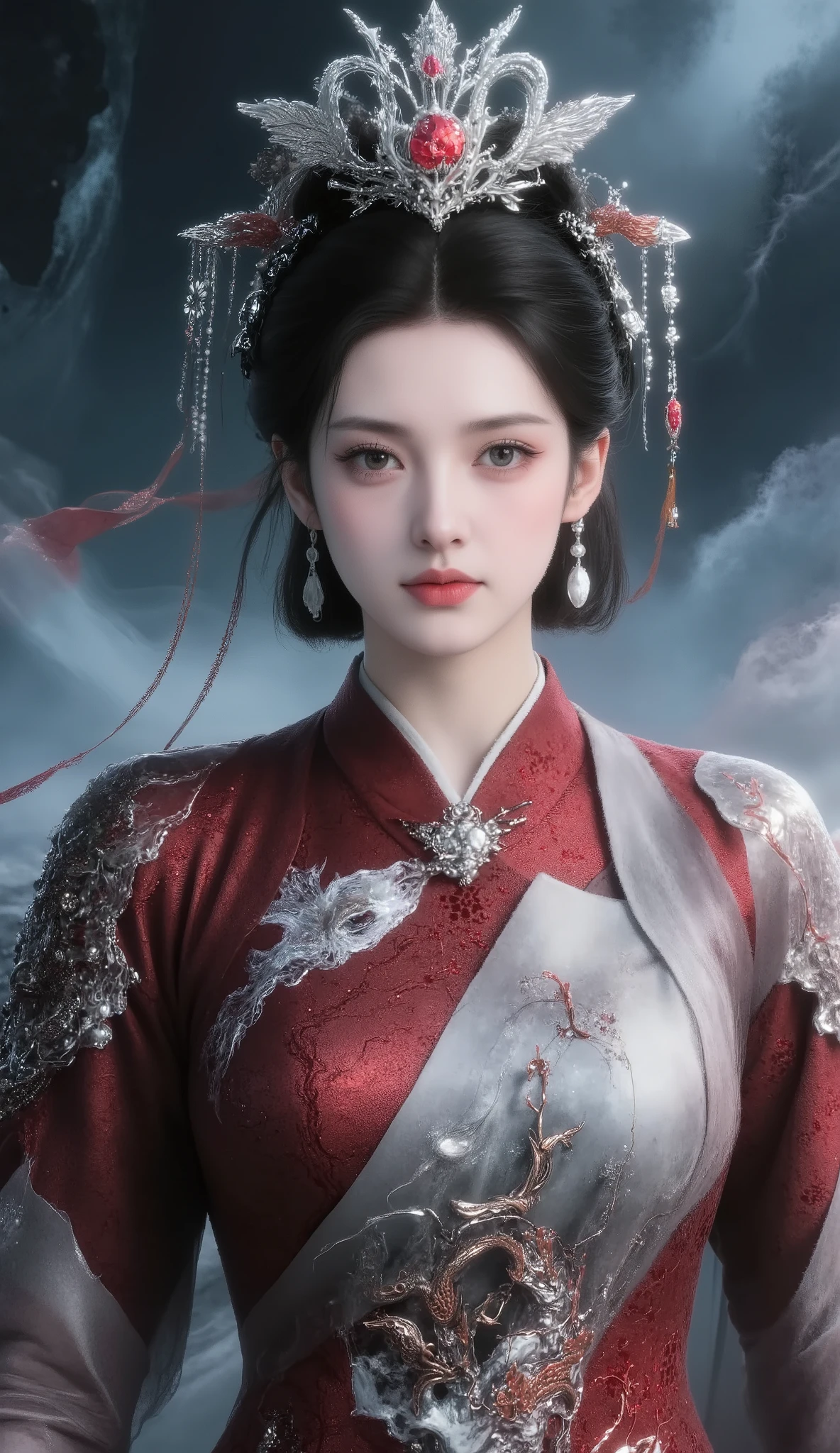 Masterpiece, best quality at end of the day, 1 girl, , wearing a gorgeous Chinese wedding dress, , dark red brocade,with exquisite dragon and phoenix embroidery, Pearls and gemstones, with a delicate knot at the collar, flowing and transparent veils,with elegant flower motifs, Long flowing ribbon, wearing a gorgeous phoenix crown and a jade hairpin, White as porcelain, elegant and noble expression, Standing gracefully, Dynamic Pose, ,Draw a smudging effect in ink style, highly detailed, 8k resolution, Movie Light