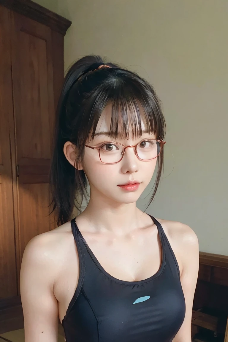 japanese girl wearing thin glasses with short VERY BRIGHT RED HAIR haired bob with bangs straight face holding flowers medium quality in a bathroom looking at the mirror while taking a selfie with her phone imperfect skin wearing a black kpop outfit ultra realistic
