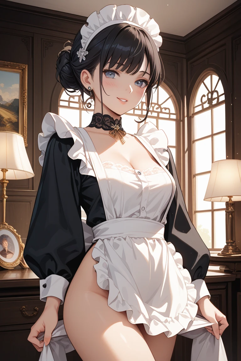 (Original Character、Unity 16K Wallpaper, Masterpiece, Best Quality, Ultra-Detailed, Extremely Detailed CG, Caustics, Cinematic Lighting, Detailed, Beautiful Detailed Eyes, solo,sexy women), Ultra High Resolution, fine skin, (maid, maid apron, maid headdress,black maid skirt), (strong light)、oily skin,curby:1.2,Huge gigantic breasts:1.2,mansion、(cowboy shot、above chest,portrait),brawn hair,smile